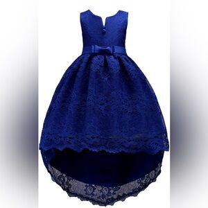 Blue High Low  Sleeveless Knee Big Girls  O Neck Mesh Belt Bow Train Floral